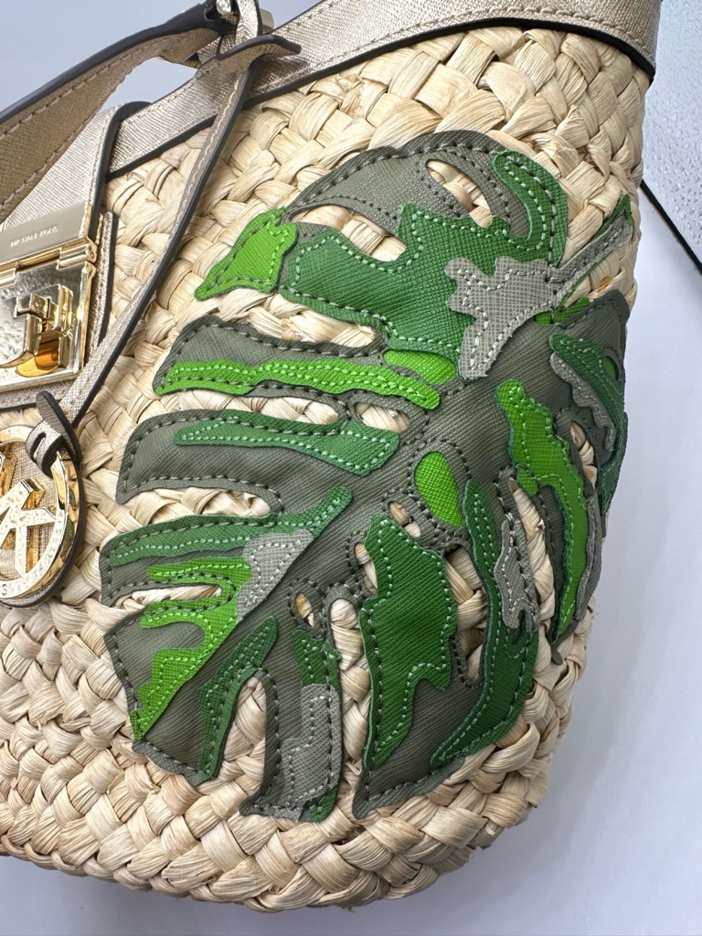 Michael Kors Cecelia Straw Tote with Green Leaf Appliqués and Gold Leather Trim - Picture 9 of 16